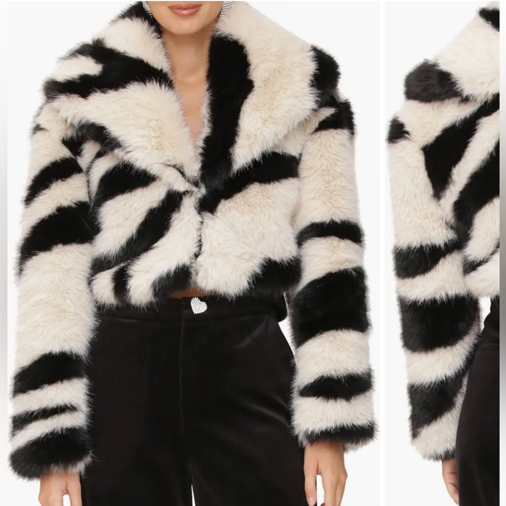 Avec Les Filles Black and White Faux Fur Cropped Jacket